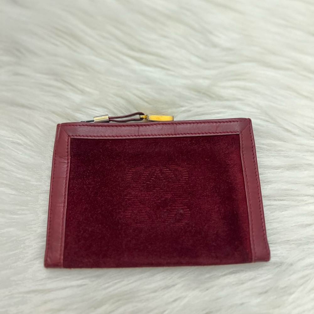 LOEWE - BURGUNDY LEATHER SUEDE COMPACT BIFOLD PASSPORT HOLDER SNAP WALLET - Picture 2 of 10